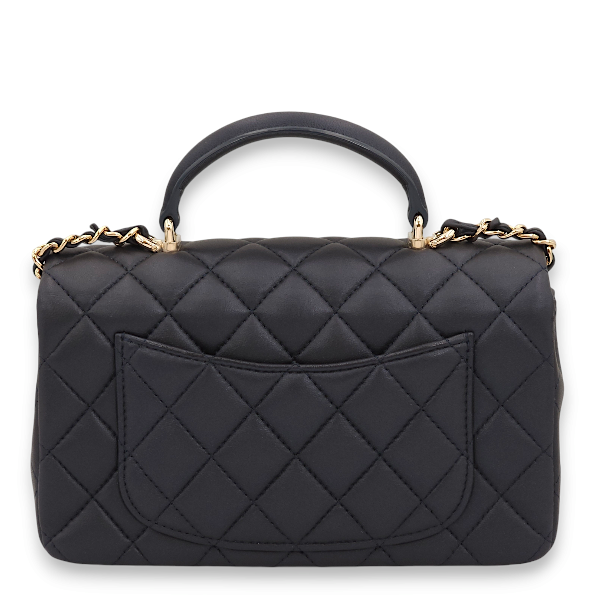 Quilted Rectangle Mini Blue Top Handle Bag in Lambskin, Gold hardware