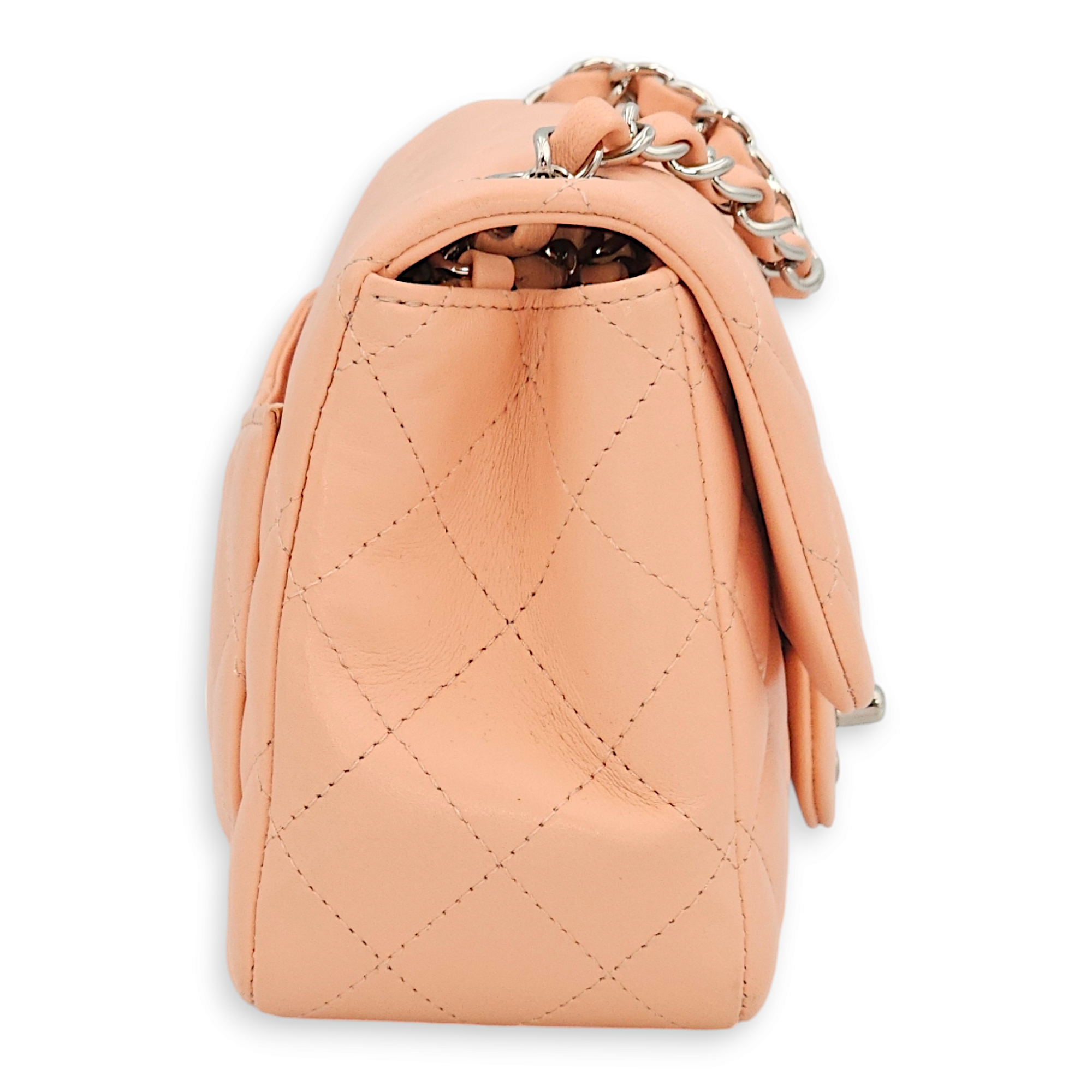 Classic Quilted Square Mini Salmon Pink Shoulder Bag in Lambskin, Palladium hardware