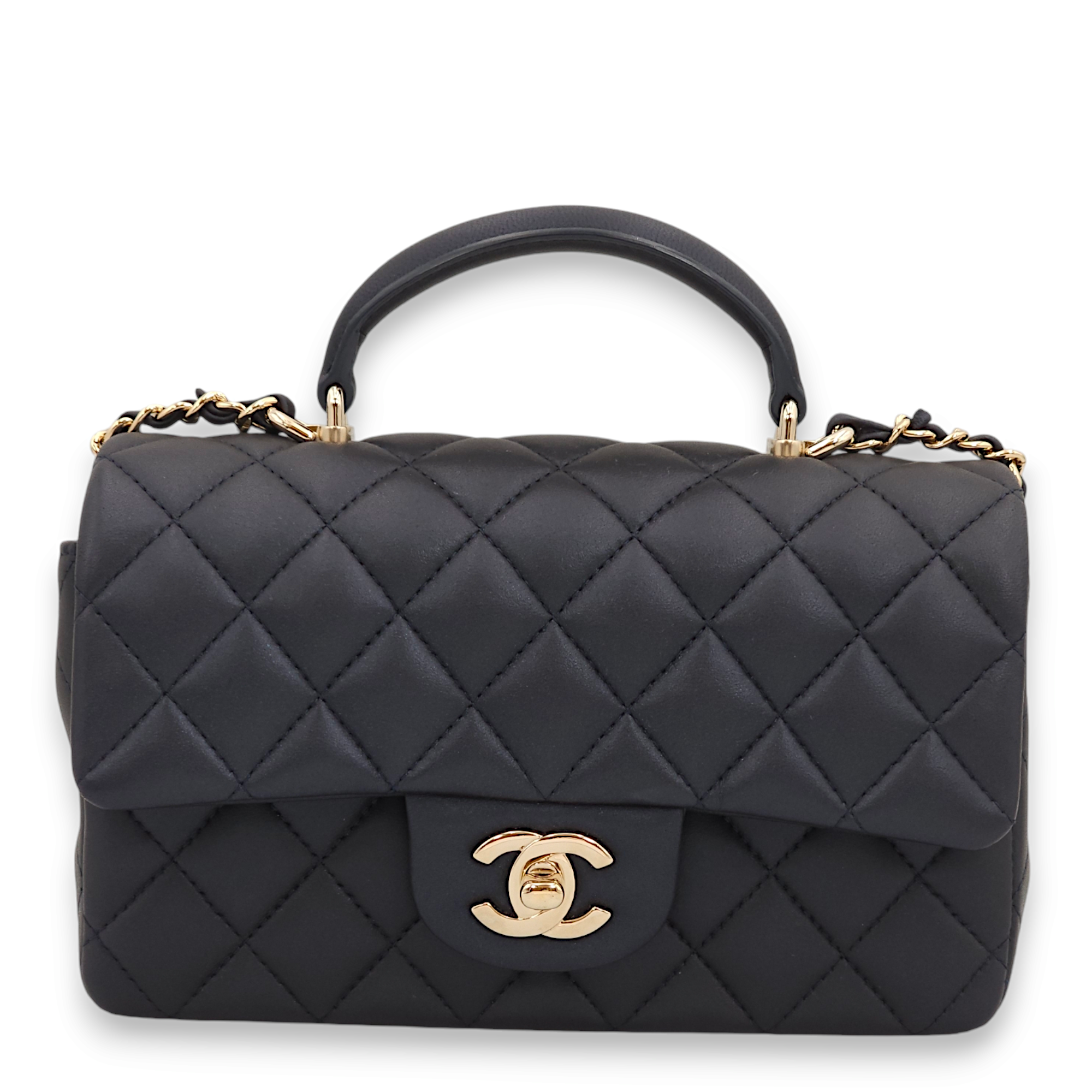 Quilted Rectangle Mini Blue Top Handle Bag in Lambskin, Gold hardware