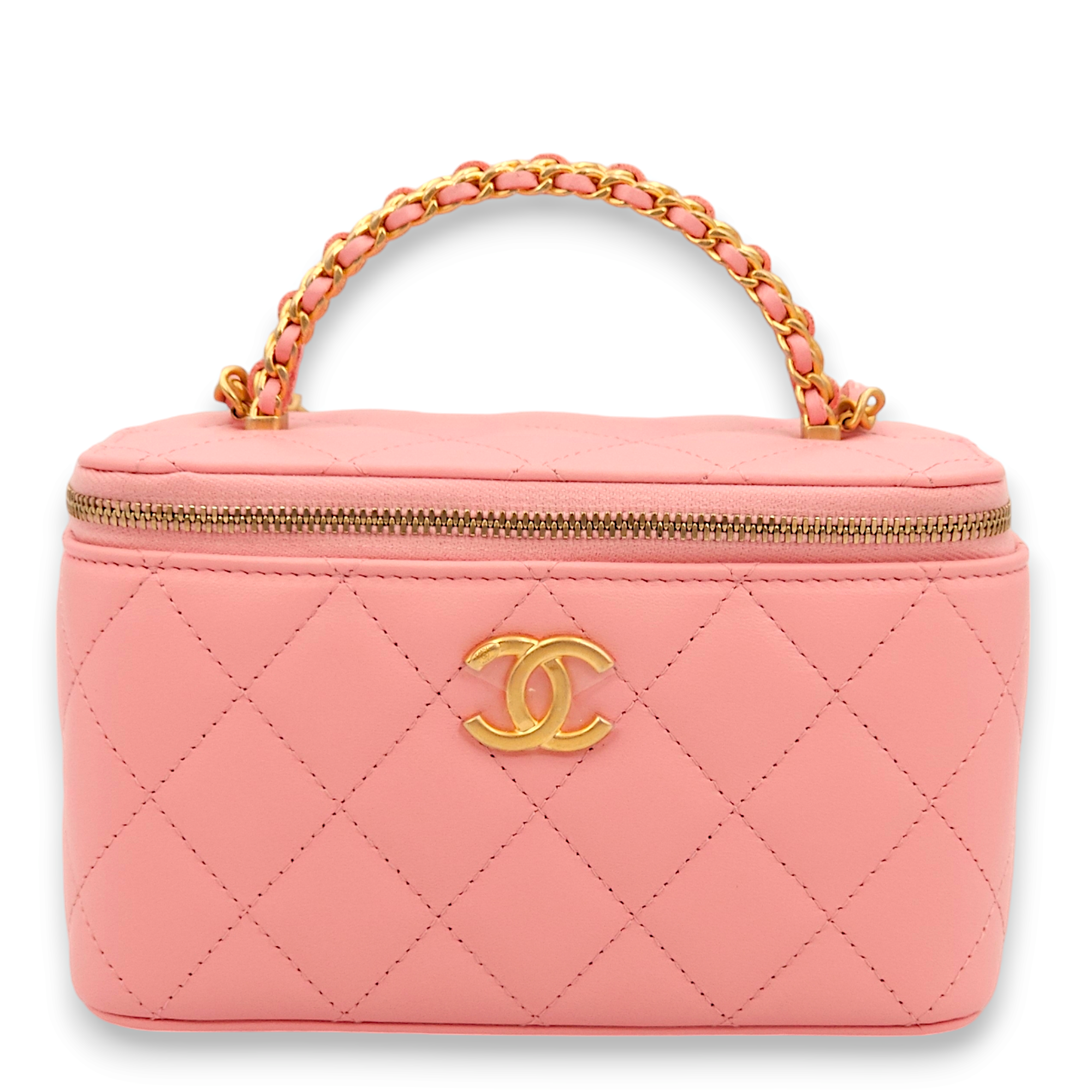 Vanity Mini Pink Top Handle Bag in Lambskin, Gold hardware