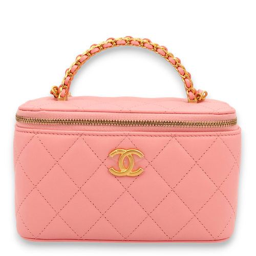 Vanity Mini Pink Top Handle Bag in Lambskin, Gold hardware