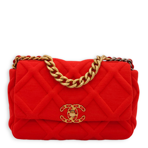 C19 Flap Small Red Shoulder Bag in Jersey, 3-Tone hardware