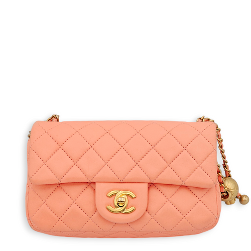 Pearl Crush Rectangle Mini Salmon Pink Crossbody Bag in Lambskin, Gold hardware