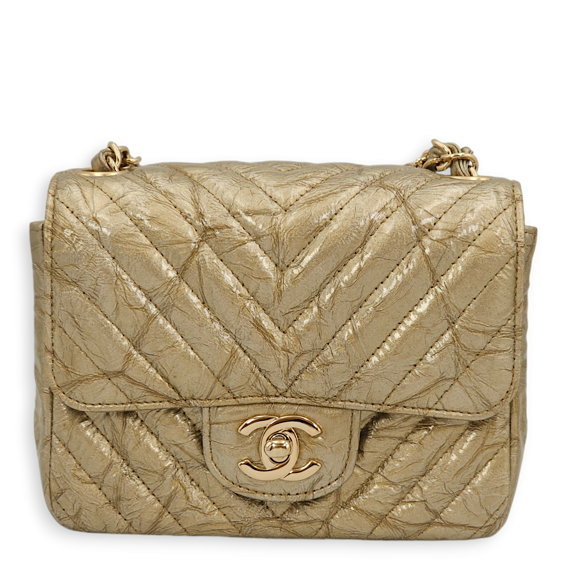 Chevron Square Mini Gold Shoulder Bag in Patent Leather, Gold hardware