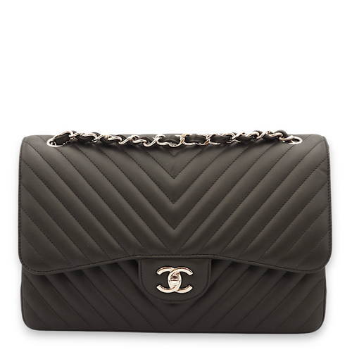 Chevron Double Flap Jumbo Black Shoulder Bag in Lambskin, Palladium hardware