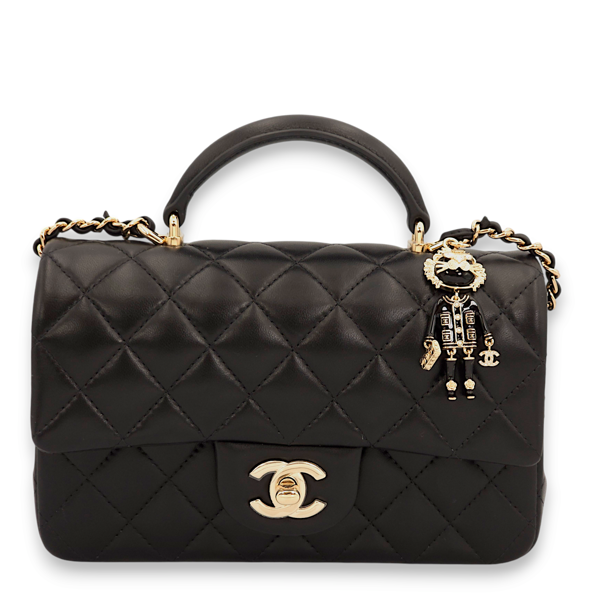 Rectangle with Leo Charm Mini Black Top Handle Bag in Lambskin, Gold hardware