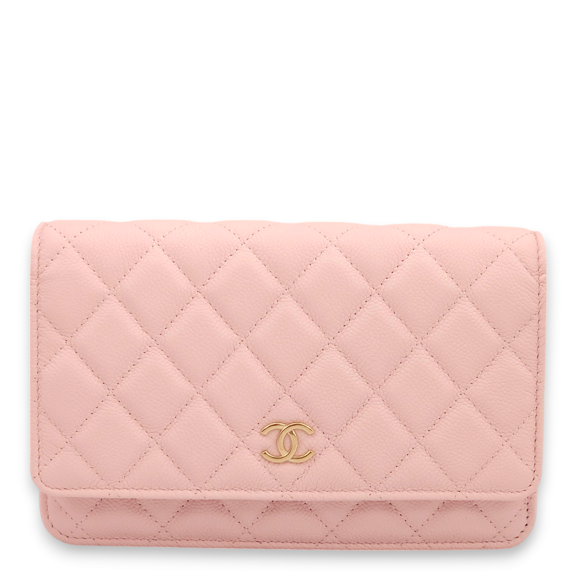 Quilted Pink Wallet On Chain in Caviar Leather, Gold hardware