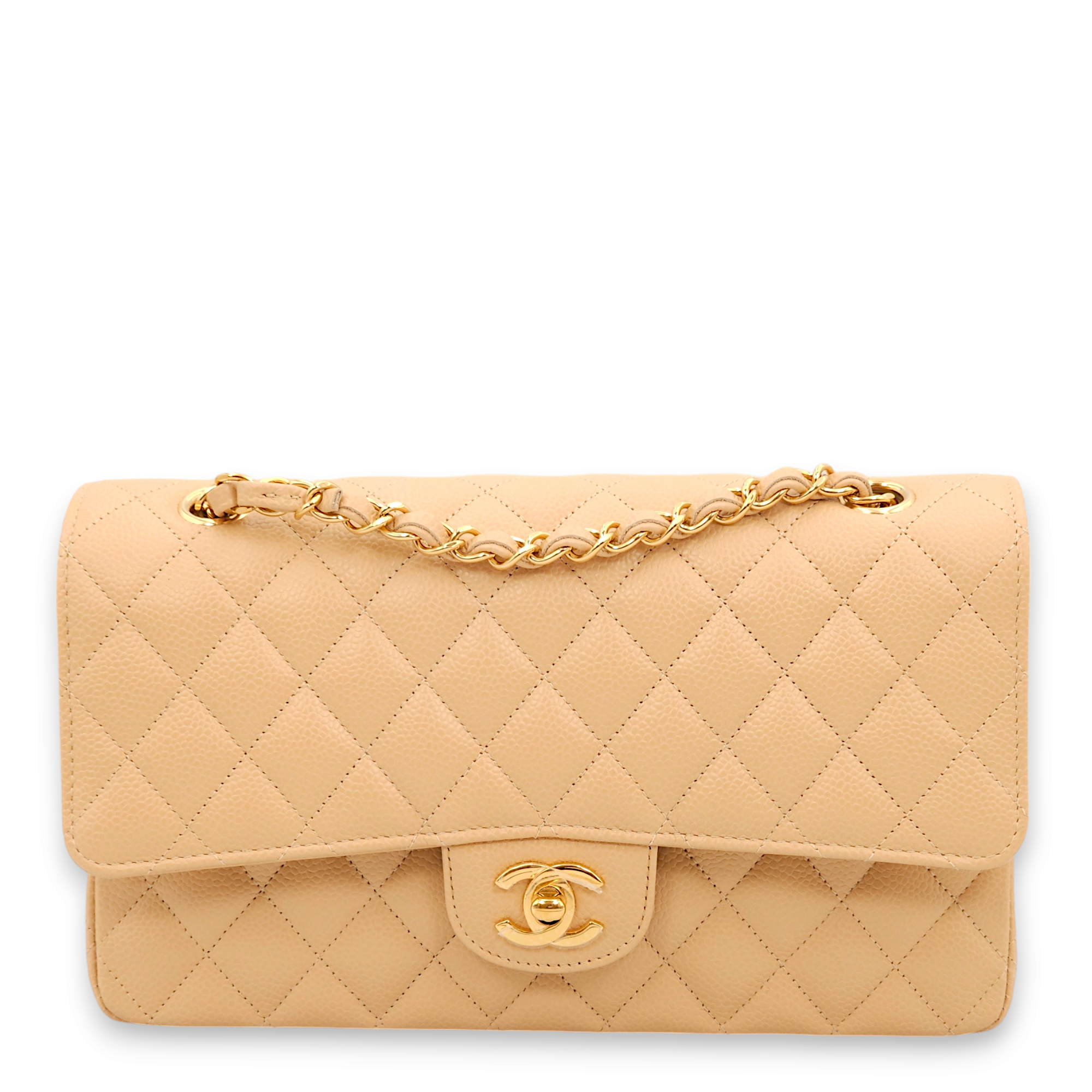 Classic Double Flap Medium Beige Shoulder Bag in Caviar Leather, Gold hardware