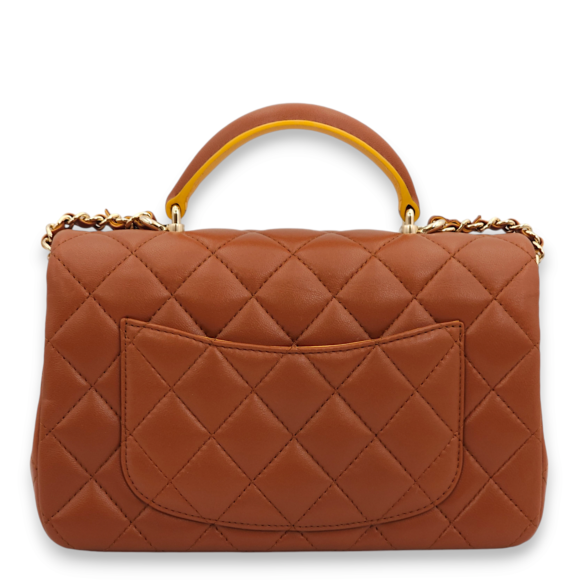 Rectangle Mini Brown, yellow Top Handle Bag in Lambskin, Gold hardware