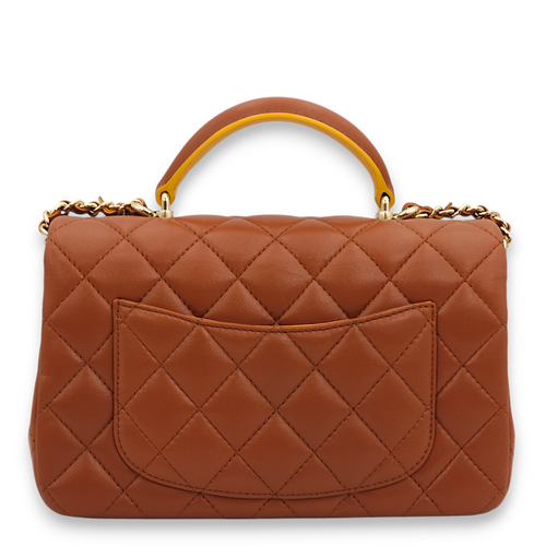 Rectangle Mini Brown, yellow Top Handle Bag in Lambskin, Gold hardware