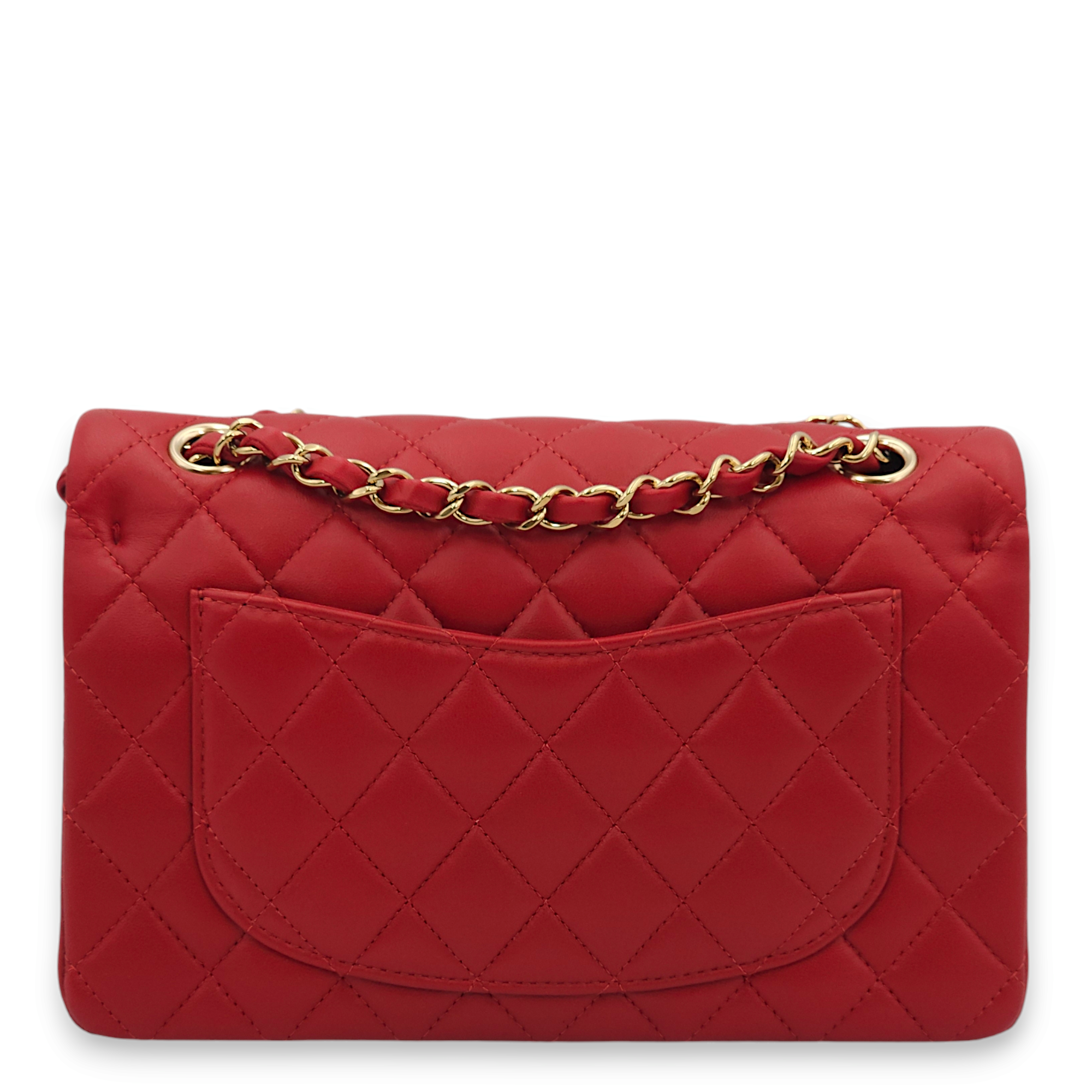 Classic Double Flap Small Red Shoulder Bag in Lambskin, Gold hardware