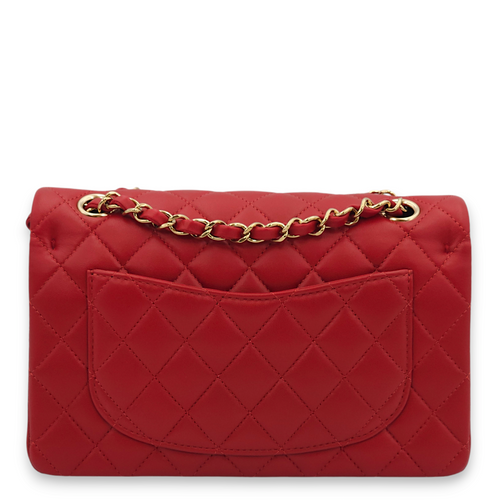 Classic Double Flap Small Red Shoulder Bag in Lambskin, Gold hardware