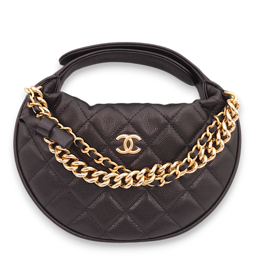 Quilted Round Pouch with Bow Chain Mini Black Top Handle Bag in Caviar Leather, Gold hardware