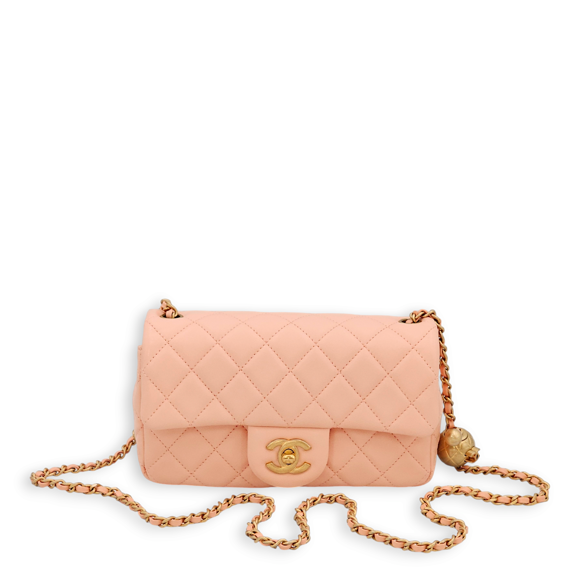 Pearl Crush Rectangle Mini Salmon Pink Crossbody Bag in Lambskin, Gold hardware