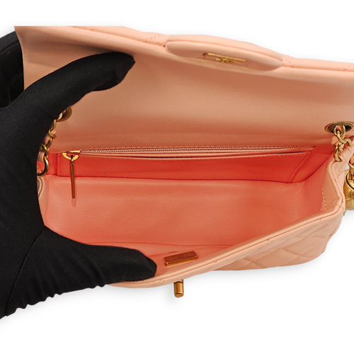 Pearl Crush Rectangle Mini Salmon Pink Crossbody Bag in Lambskin, Gold hardware