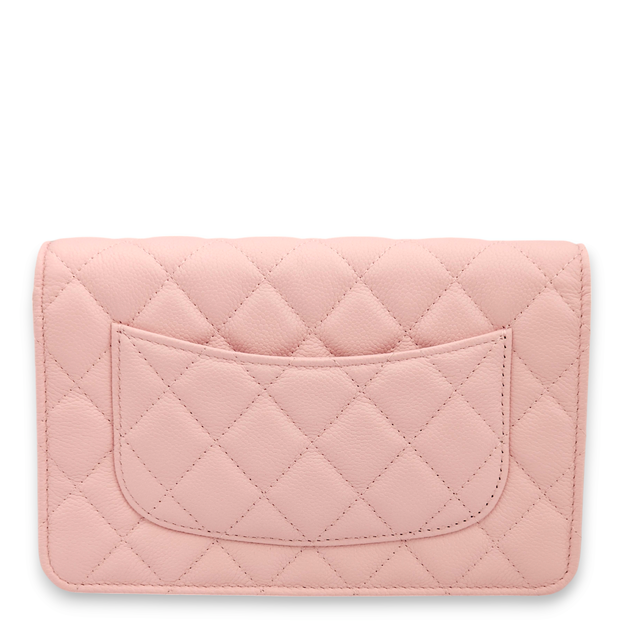 Quilted Pink Wallet On Chain in Caviar Leather, Gold hardware