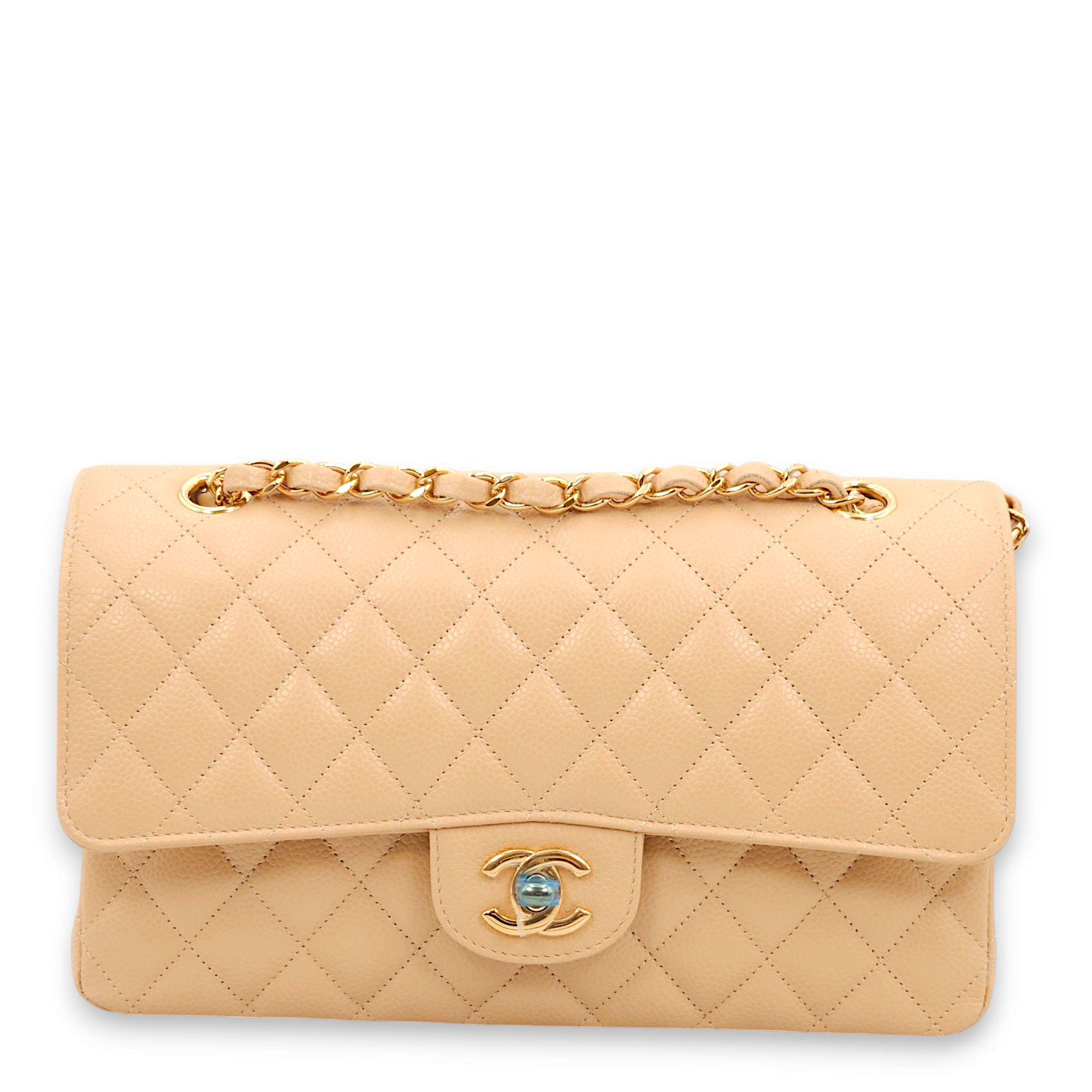 Classic Double Flap Medium Beige Shoulder Bag in Caviar Leather, Gold hardware