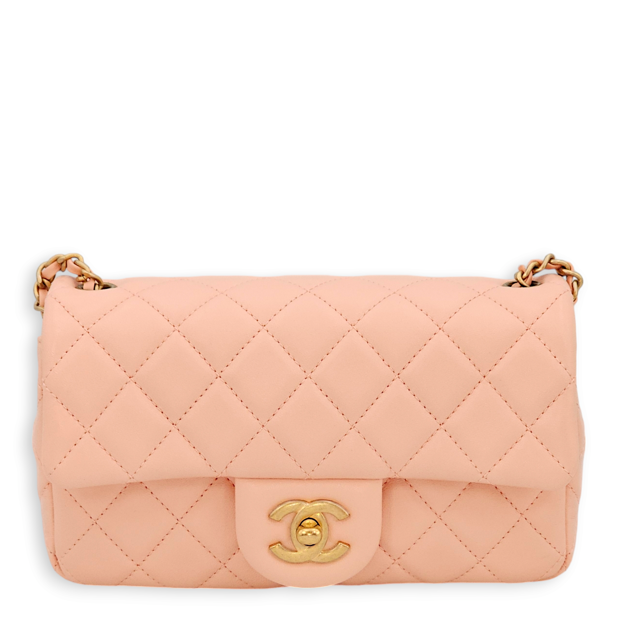 Pearl Crush Rectangle Mini Salmon Pink Crossbody Bag in Lambskin, Gold hardware