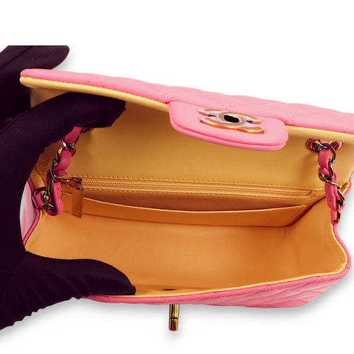 Classic Rectangle Mini Pink, Yellow Interior Crossbody Bag in Lambskin, Rainbow hardware