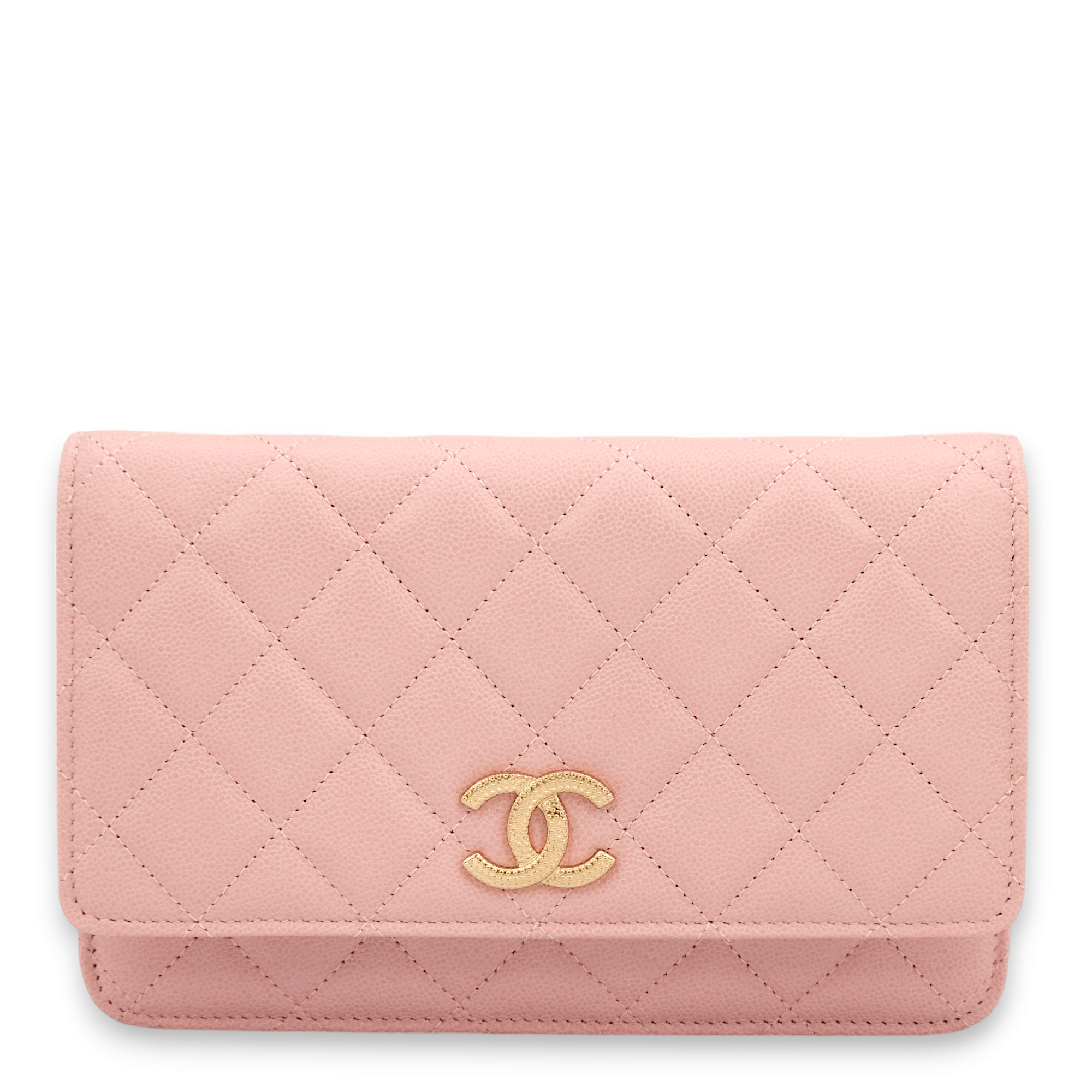 Quilted Pink Wallet On Chain in Caviar Leather, Gold hardware