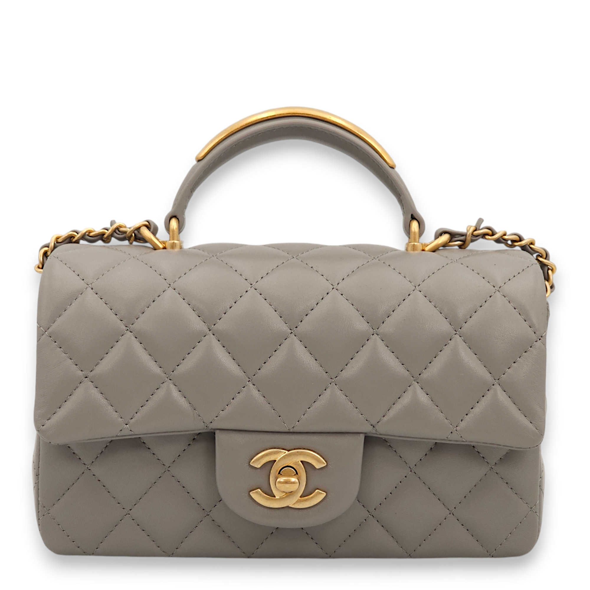 Rectangle with Metal Mini Grey Top Handle Bag in Lambskin, Gold hardware