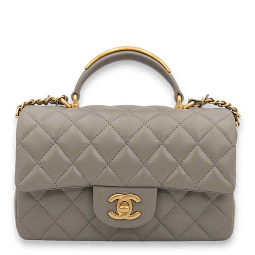 Rectangle with Metal Mini Grey Top Handle Bag in Lambskin, Gold hardware