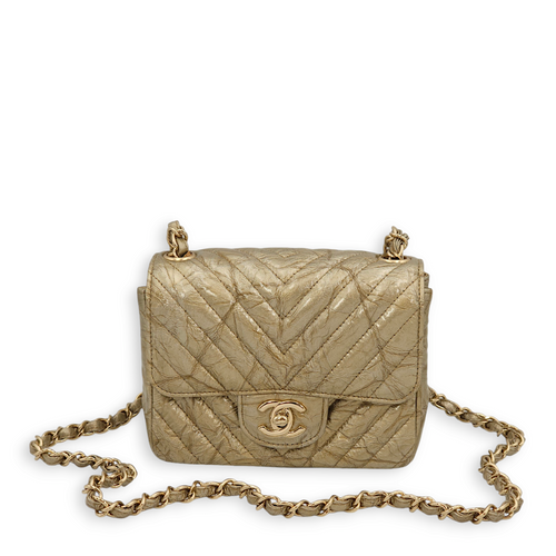 Chevron Square Mini Gold Shoulder Bag in Patent Leather, Gold hardware