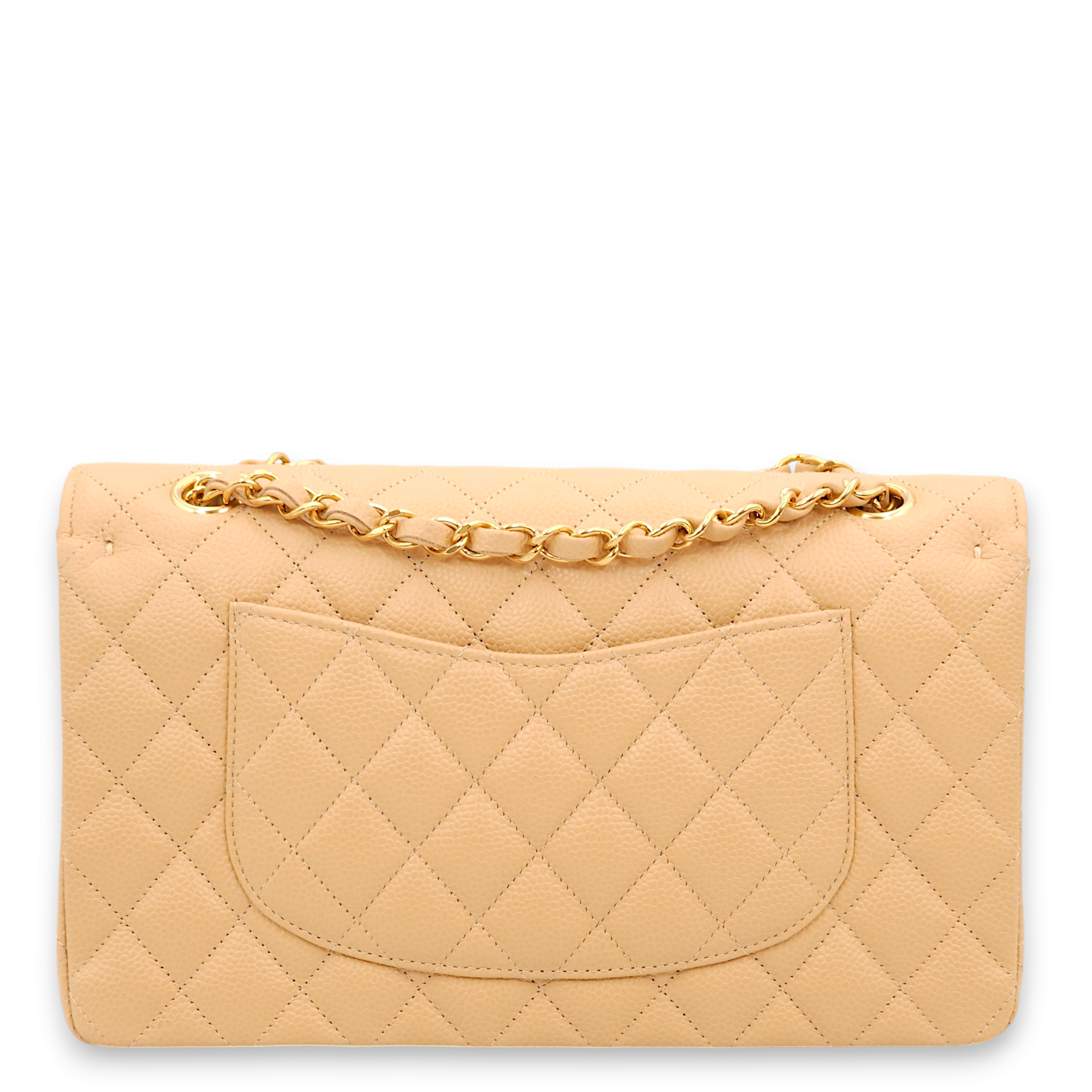 Classic Double Flap Medium Beige Shoulder Bag in Caviar Leather, Gold hardware