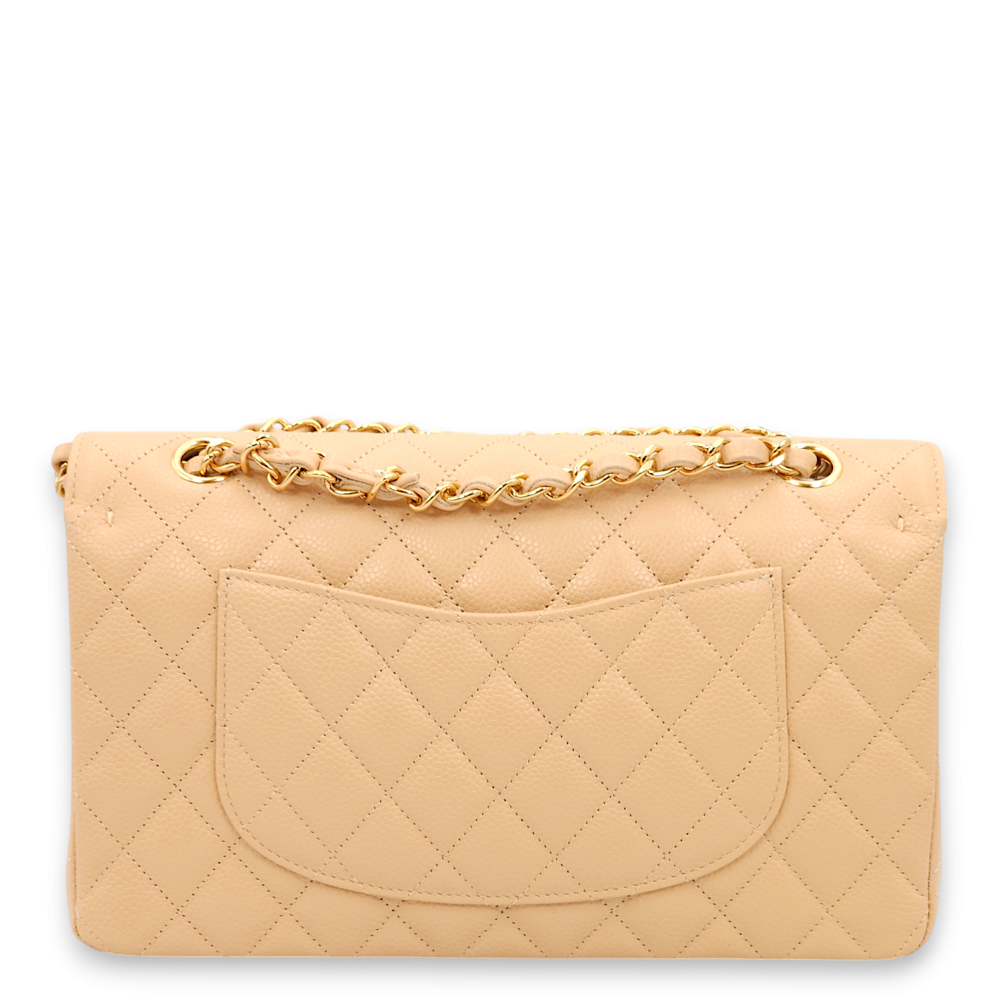 Classic Double Flap Medium Beige Shoulder Bag in Caviar Leather, Gold hardware