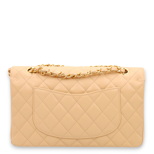 Classic Double Flap Medium Beige Shoulder Bag in Caviar Leather, Gold hardware