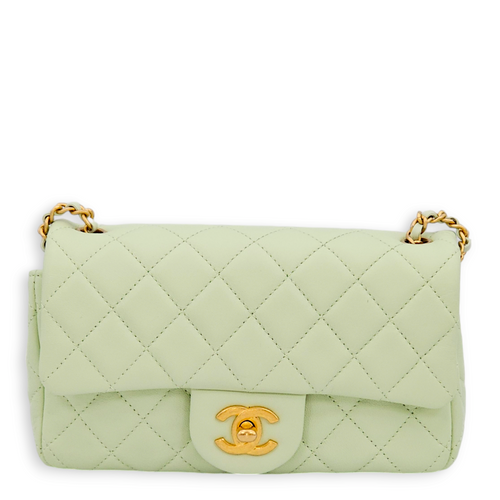 Pearl Crush Rectangle Mini Light Green Crossbody Bag in Lambskin, Gold hardware