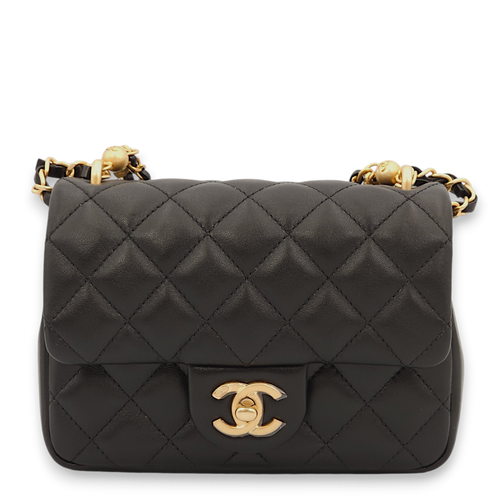 Seasonal Flap with Pearls Mini Black Shoulder Bag in Lambskin, Gold hardware