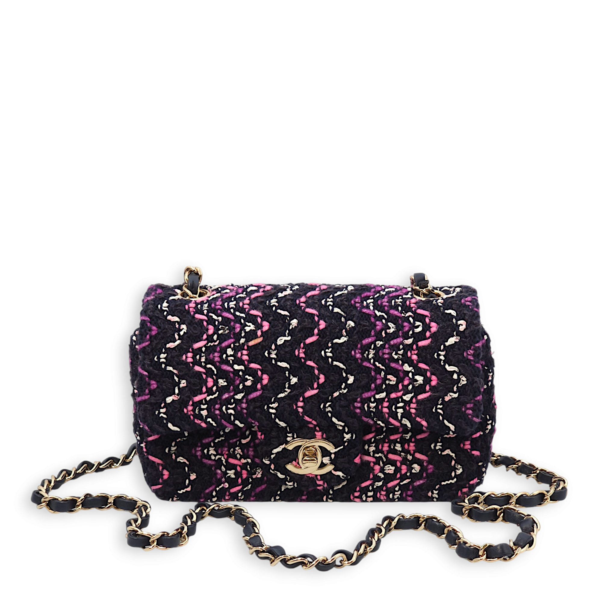 Rectangle Mini Purple, Pink, White Crossbody Bag in Tweed, Gold hardware