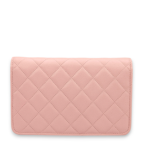 Quilted Pink Wallet On Chain in Caviar Leather, Gold hardware