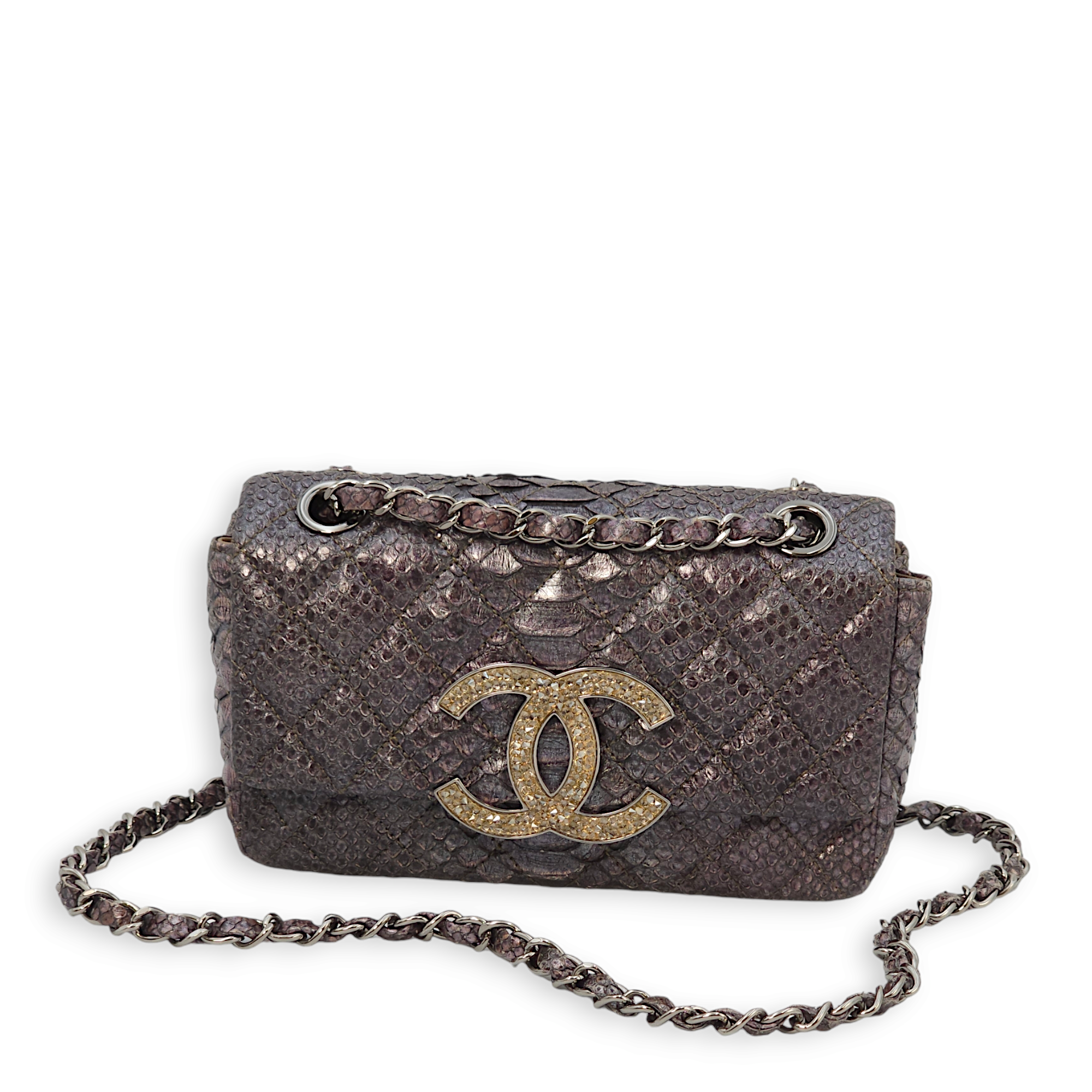 Hampton Crystal CC Flap Purple Shoulder Bag in Python Leather, Chrome hardware