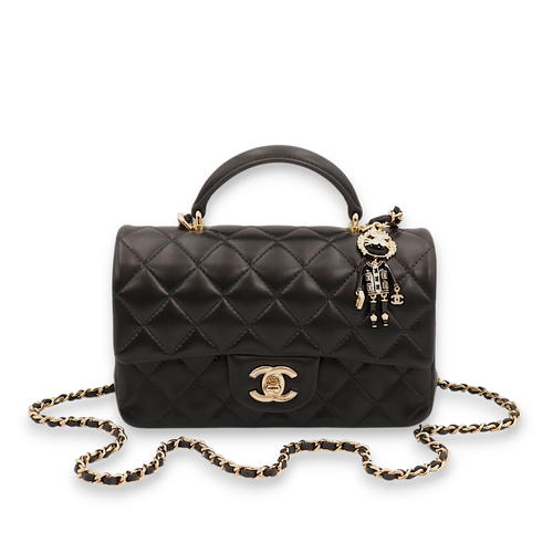 Rectangle with Leo Charm Mini Black Top Handle Bag in Lambskin, Gold hardware