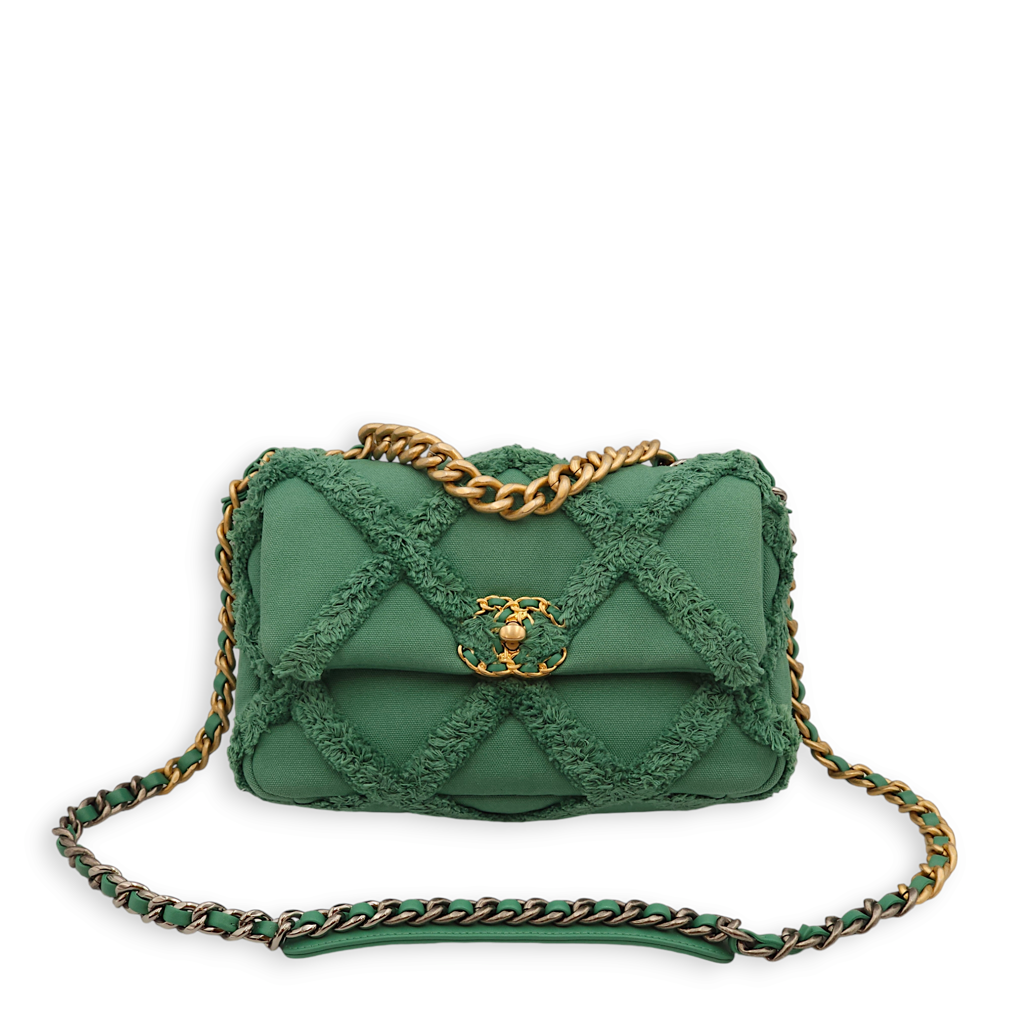 S19 Flap Small Green Shoulder Bag in Fabric, 3-Tone hardware