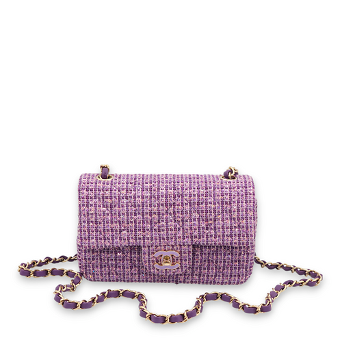 Rectangle Mini Purple, Pink Crossbody Bag in Tweed, Gold hardware