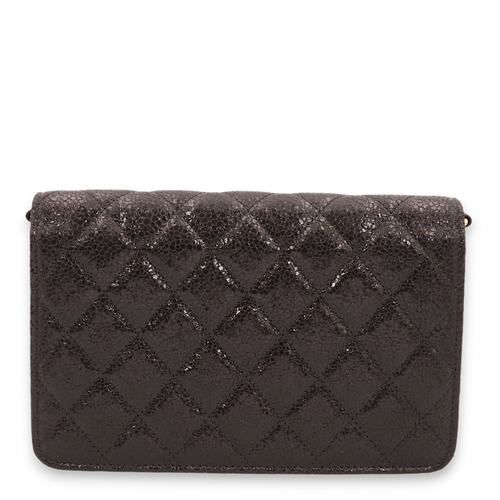 Quilted CC with Pearls Strap Black Wallet On Chain in Shimmer Crinkled Leather, Gold hardware