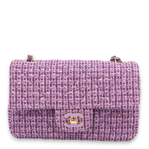 Rectangle Mini Purple, Pink Crossbody Bag in Tweed, Gold hardware