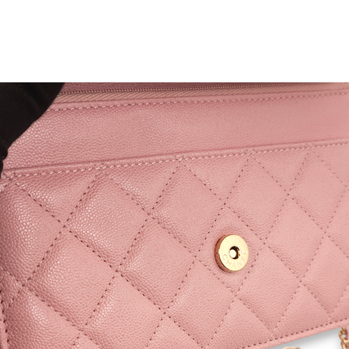 Quilted Pink Wallet On Chain in Caviar Leather, Gold hardware