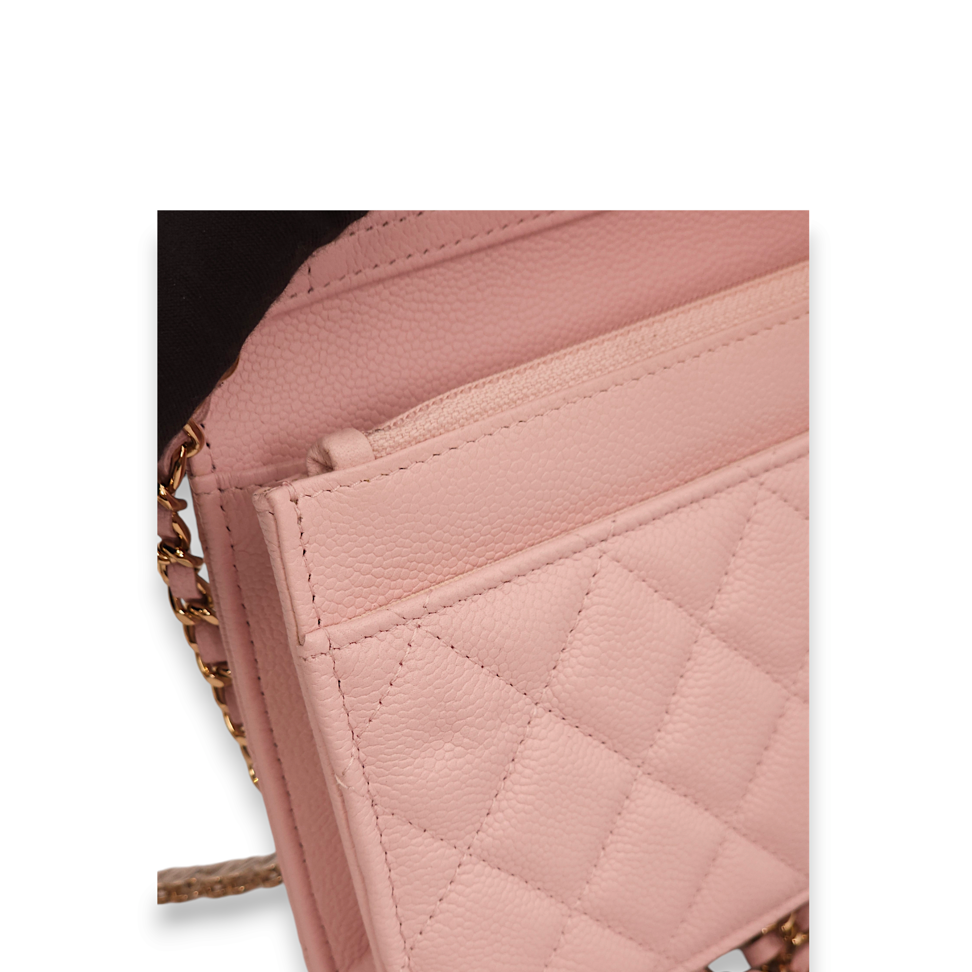 Quilted Pink Wallet On Chain in Caviar Leather, Gold hardware