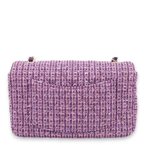 Rectangle Mini Purple, Pink Crossbody Bag in Tweed, Gold hardware