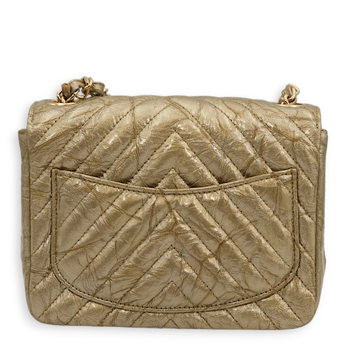 Chevron Square Mini Gold Shoulder Bag in Patent Leather, Gold hardware