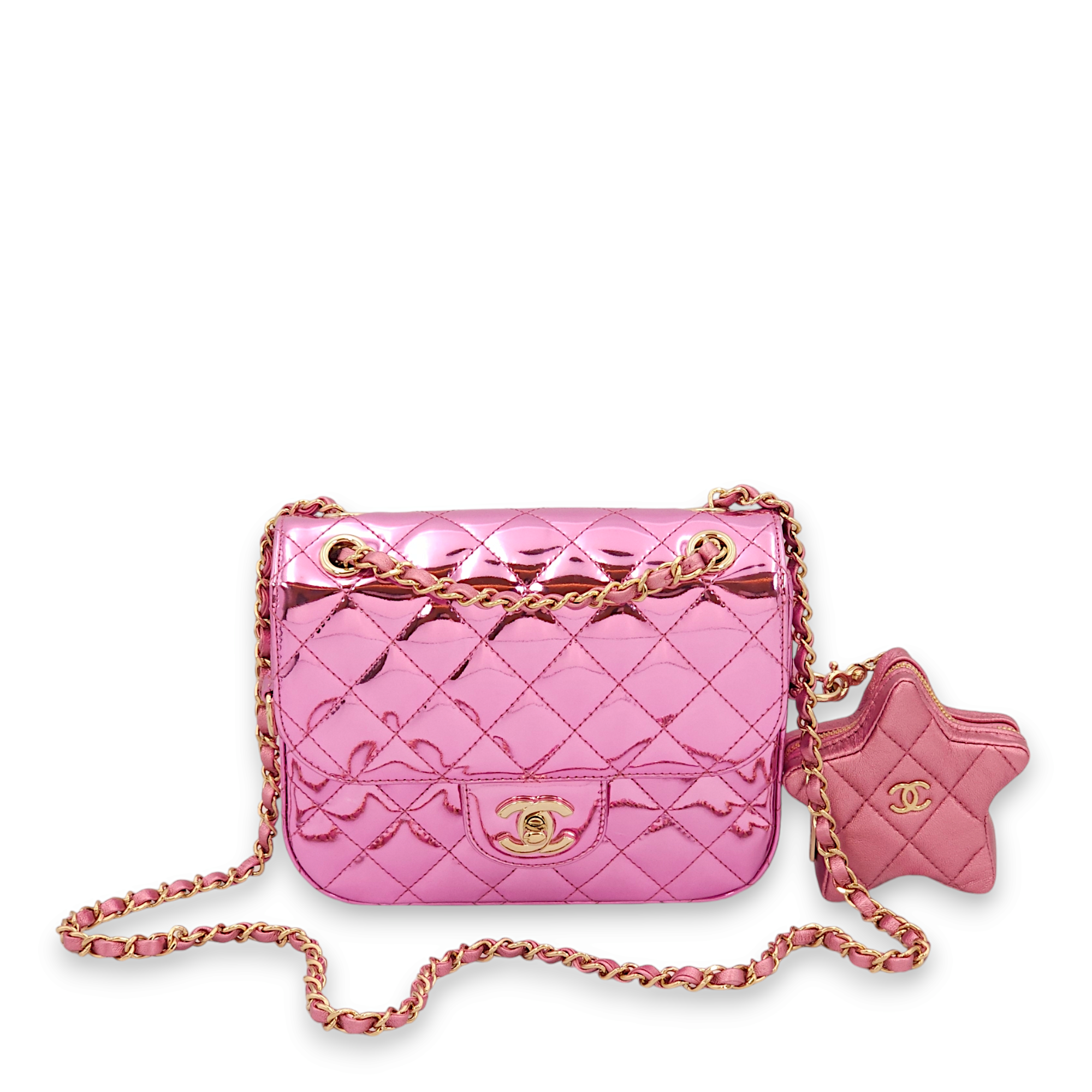 Flap x Star Mini Pink Mirror Coin Purse in Calfskin, Gold hardware