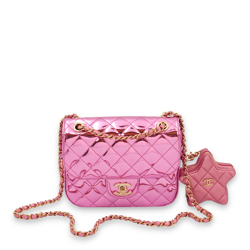 Flap x Star Mini Pink Mirror Coin Purse in Calfskin, Gold hardware