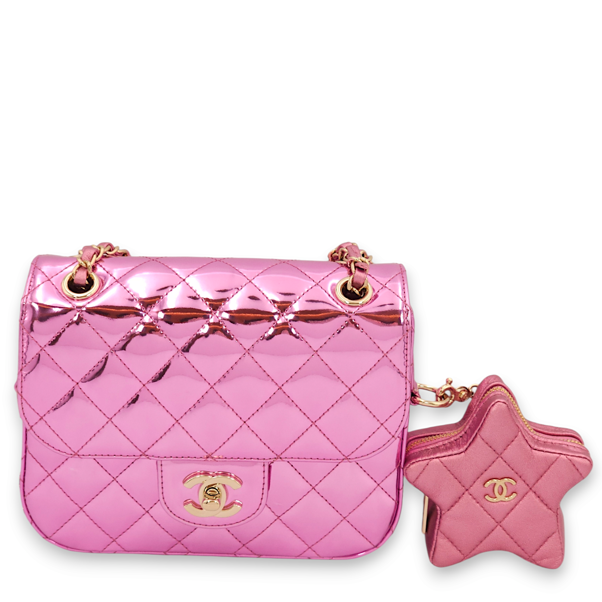 Flap x Star Mini Pink Mirror Coin Purse in Calfskin, Gold hardware