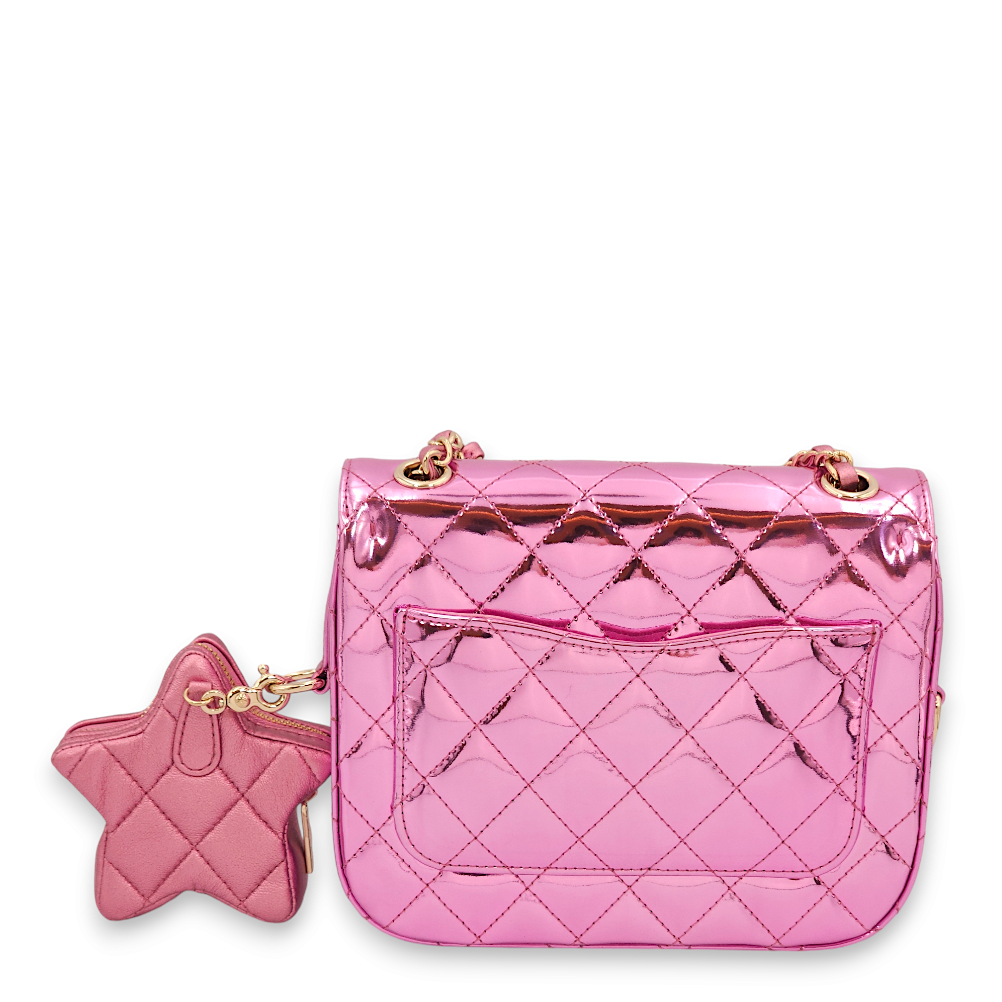 Flap x Star Mini Pink Mirror Coin Purse in Calfskin, Gold hardware