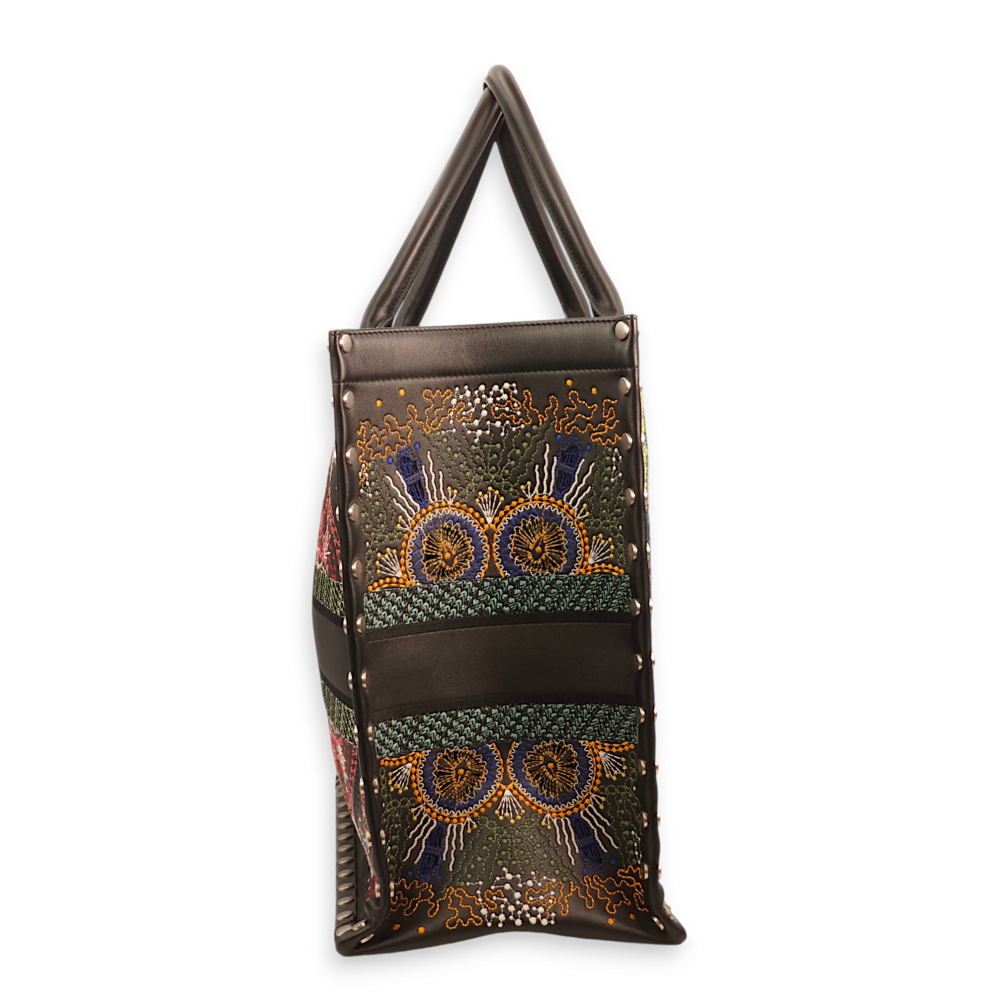 Book Embroidered Studded Leather Large Multicolor Tote Bag in Calfskin, Palladium hardware