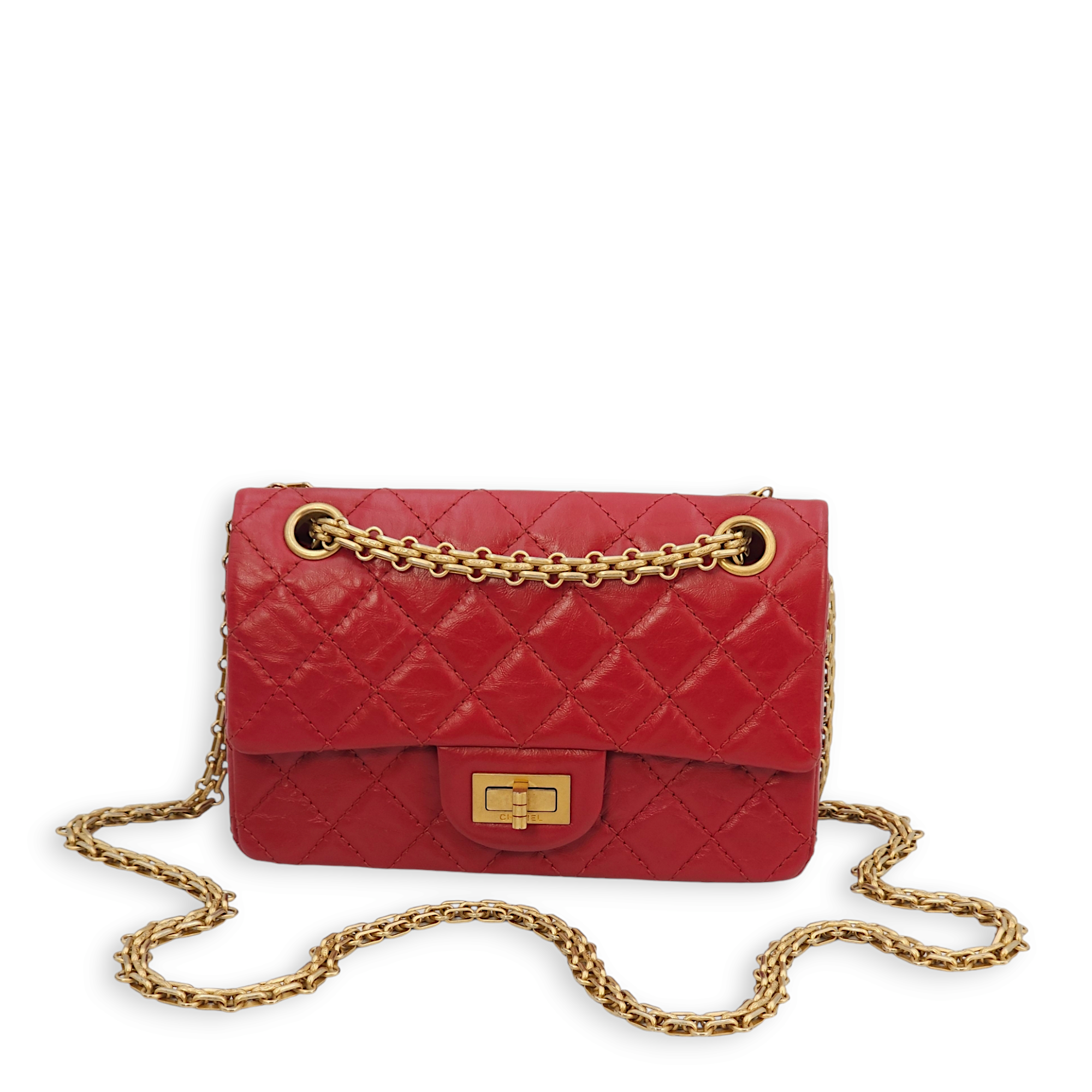 2.55 Reissue Mini Red Crossbody Bag in Distressed leather, Gold hardware